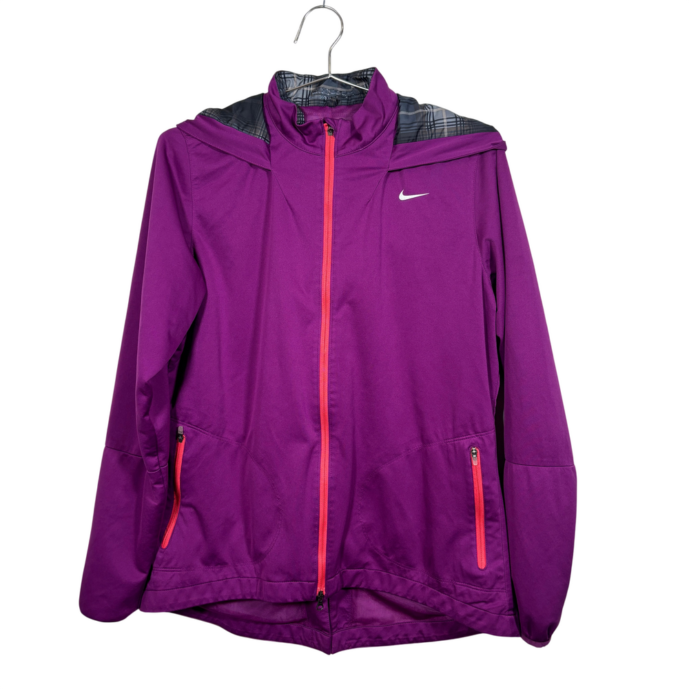 Nike purple hooded jacket with full zip front, zip hand pockets, plaid hood lini